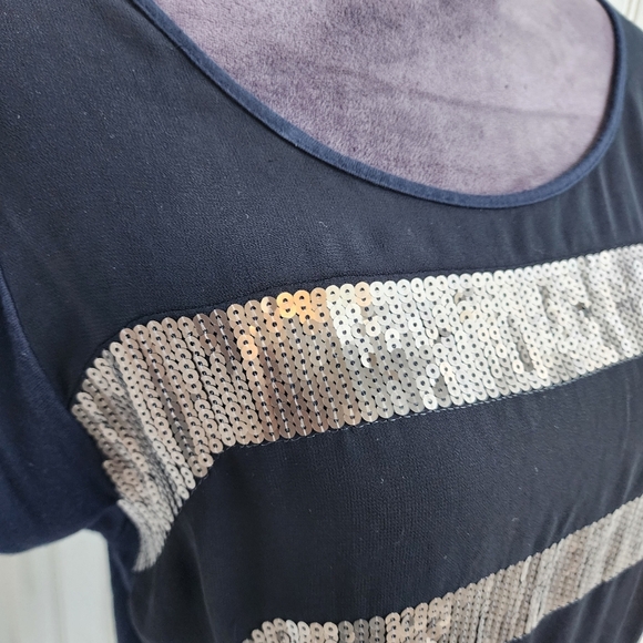 Express Women's Top  Black Navy Blue Silver  Sequins Stretch Back Striped Sz M - Picture 3 of 9